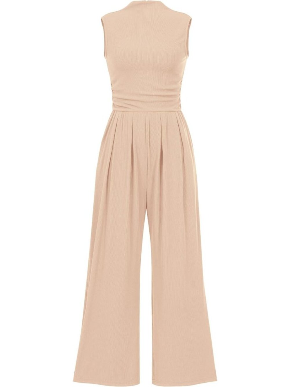 Women's Beige Jumpsuits Sleeveless Mock Neck Wide Leg Rompers Ribbed Cozy